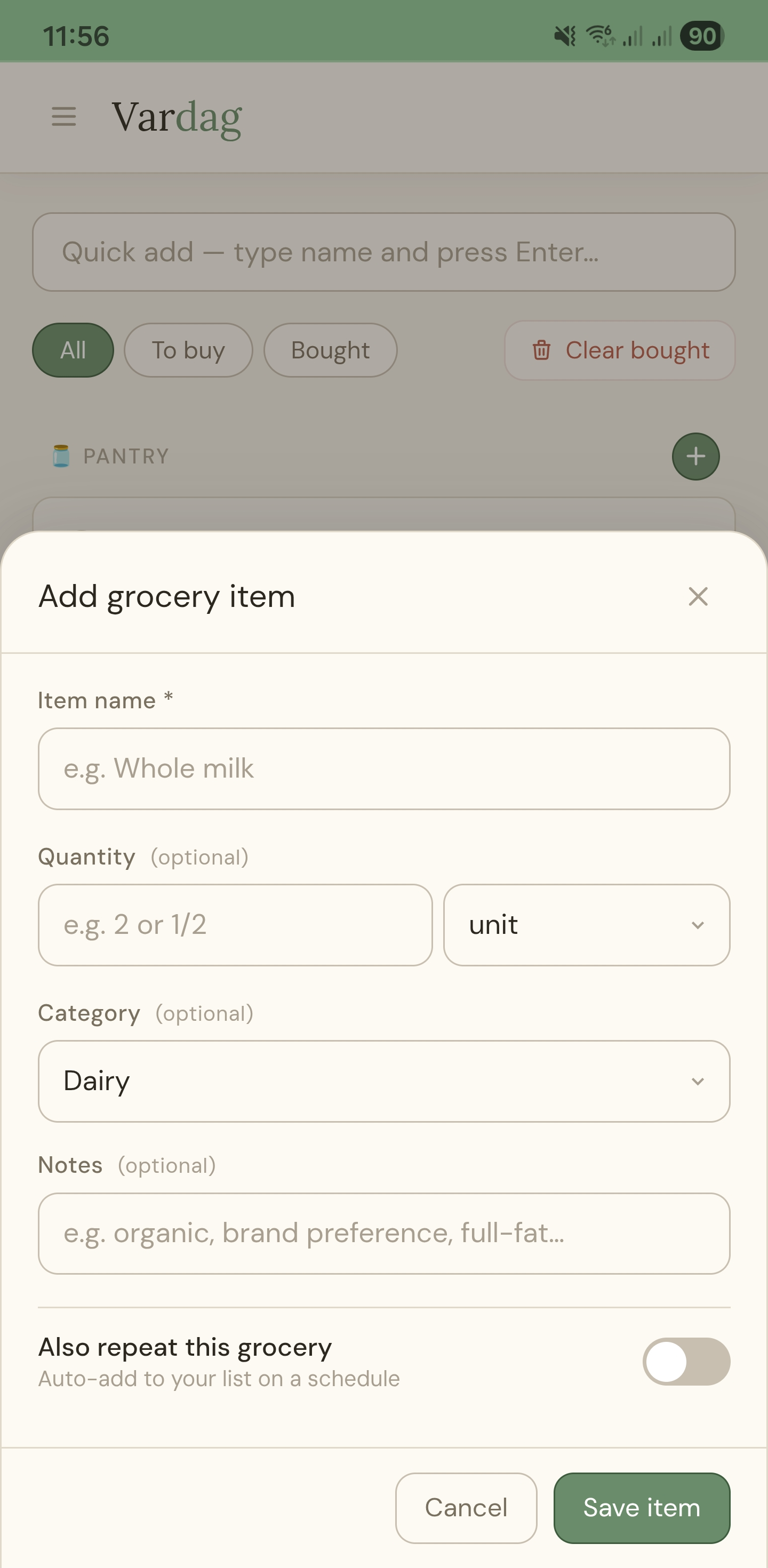 Vardag add grocery item screen with fields for item, quantity, category, and notes