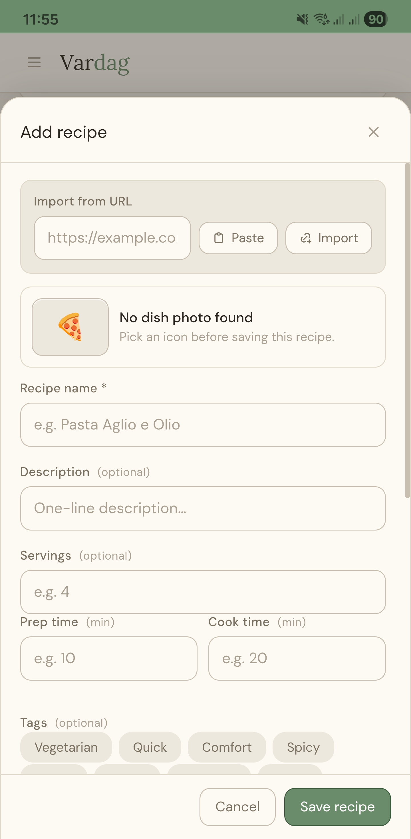 Vardag add recipe screen for entering or importing a recipe