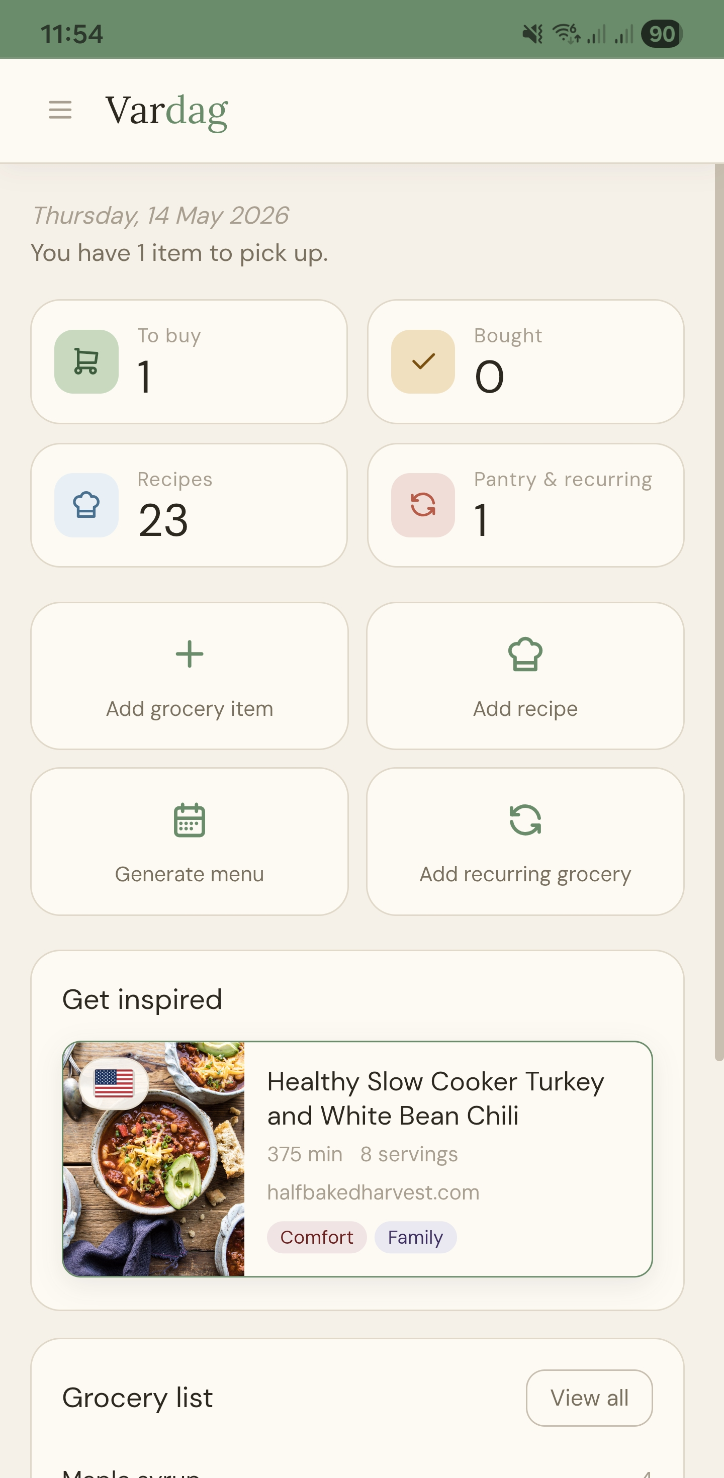 Vardag dashboard overview with household summary cards and quick actions