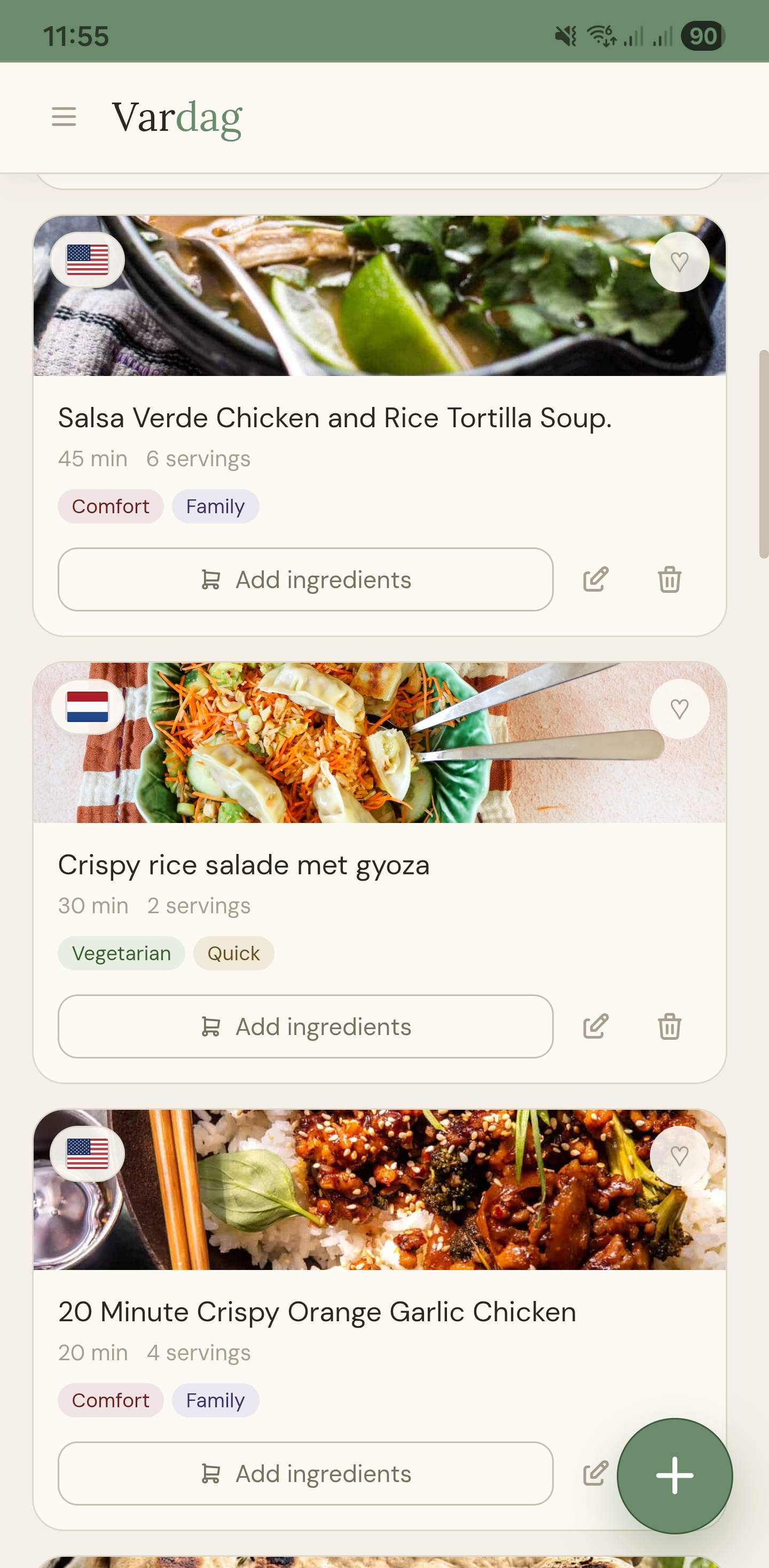 Vardag recipe library screen showing saved recipes
