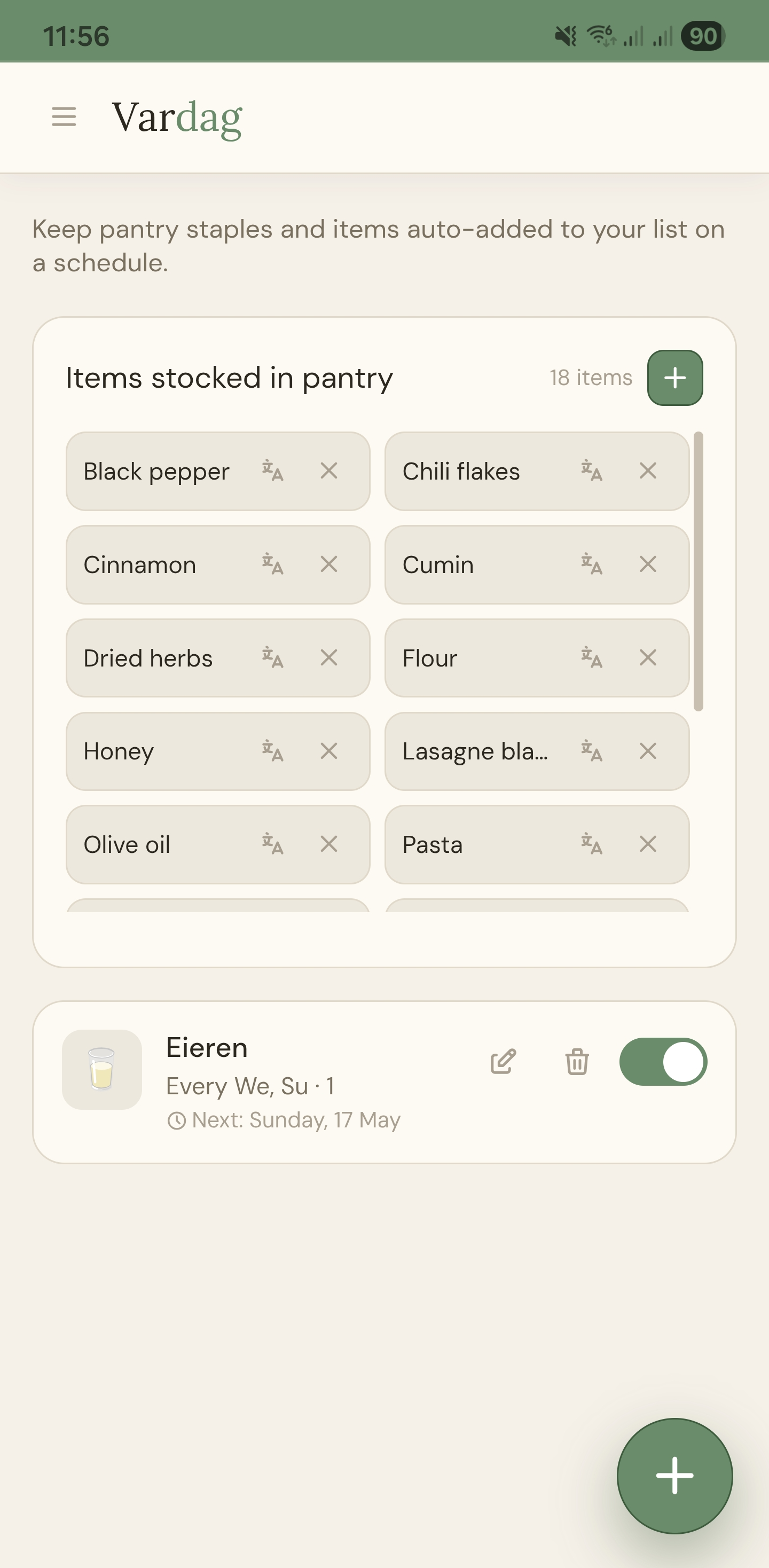 Vardag recurring groceries and stocked pantry screen showing pantry staples and recurring items