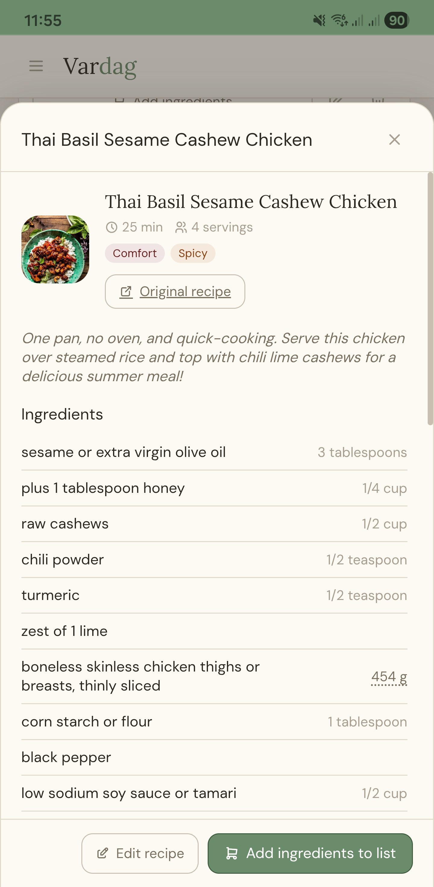 Vardag recipe browsing and recipe detail view