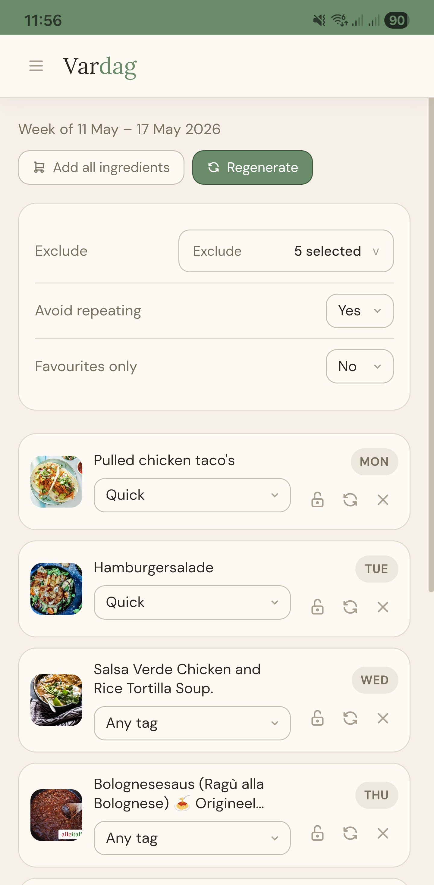 Vardag Week Menu planning screen with planned meals across the week